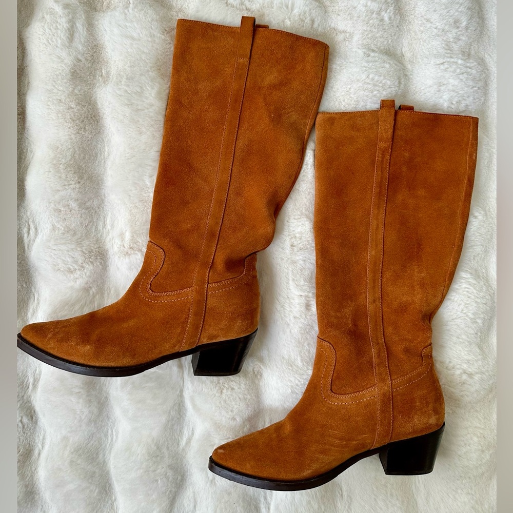 Vintage Foundry Co. womens Suede boots SZ 8.5 Brown Cognac Cowboy Western